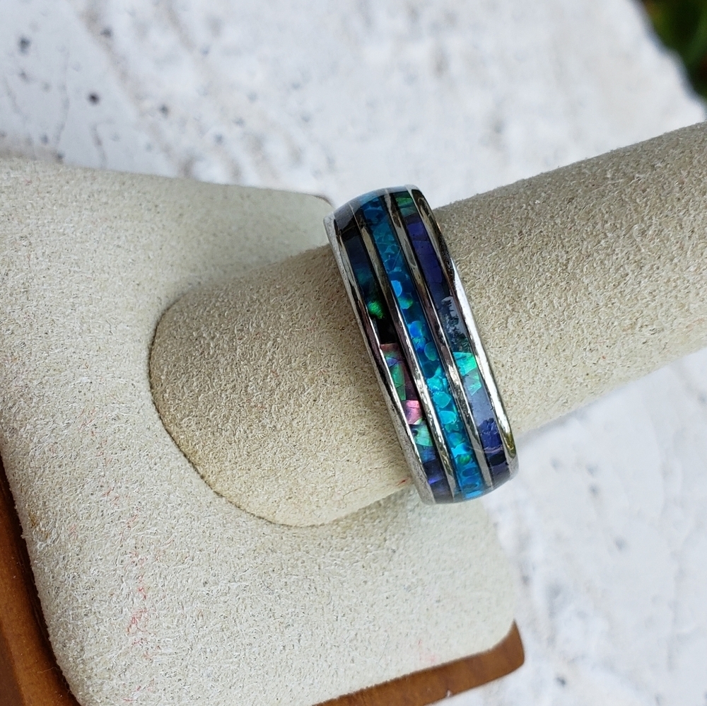 Mens Tungsten Carbide inlaid Shells Blue Opal Statement Ring Gifts Unisex